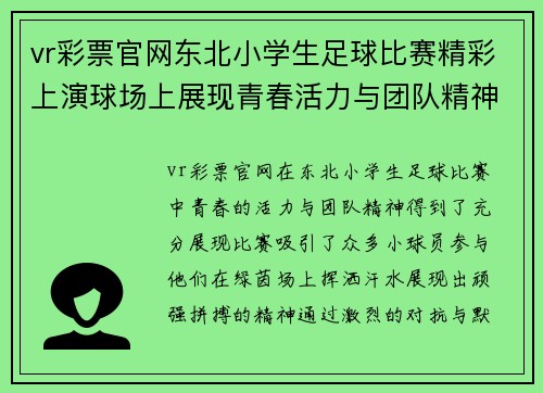 vr彩票官网东北小学生足球比赛精彩上演球场上展现青春活力与团队精神